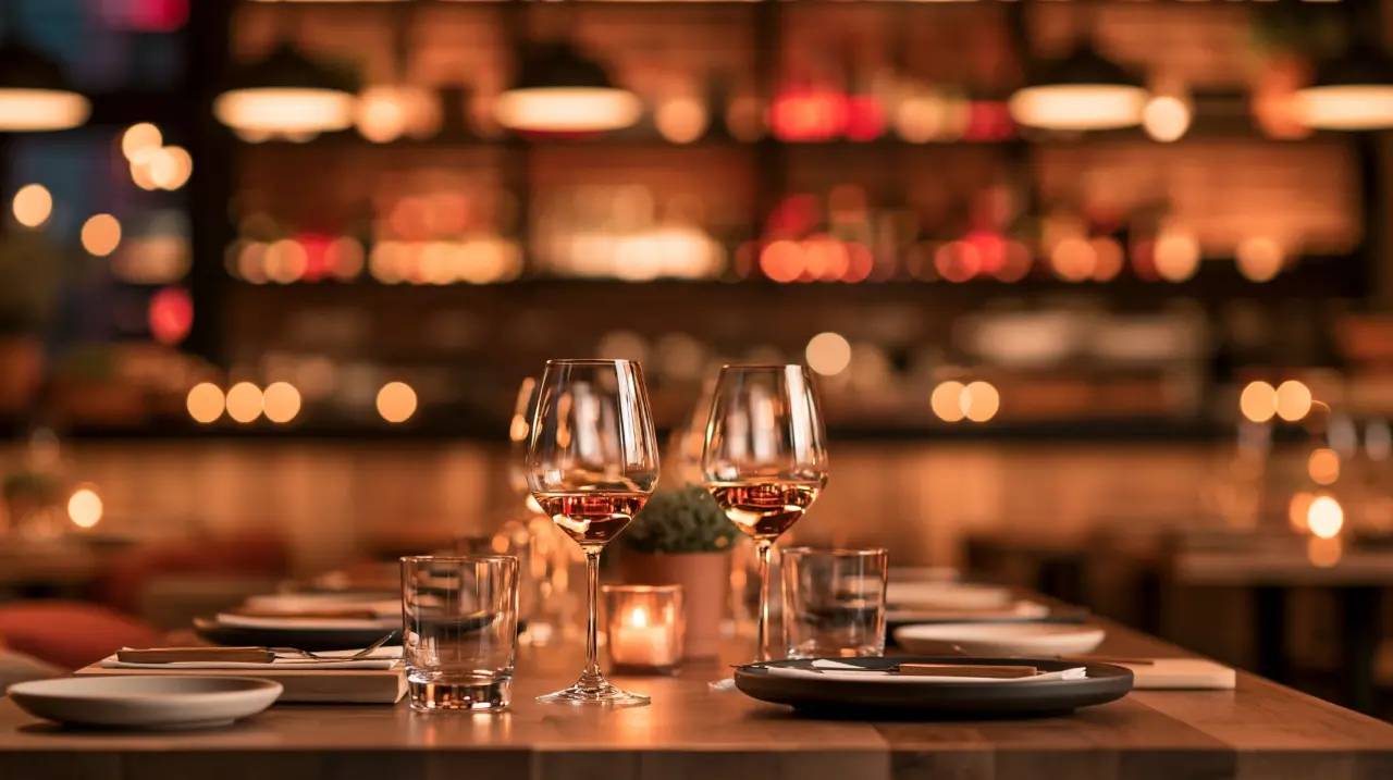 A table set for dinner, wine glasses and candles